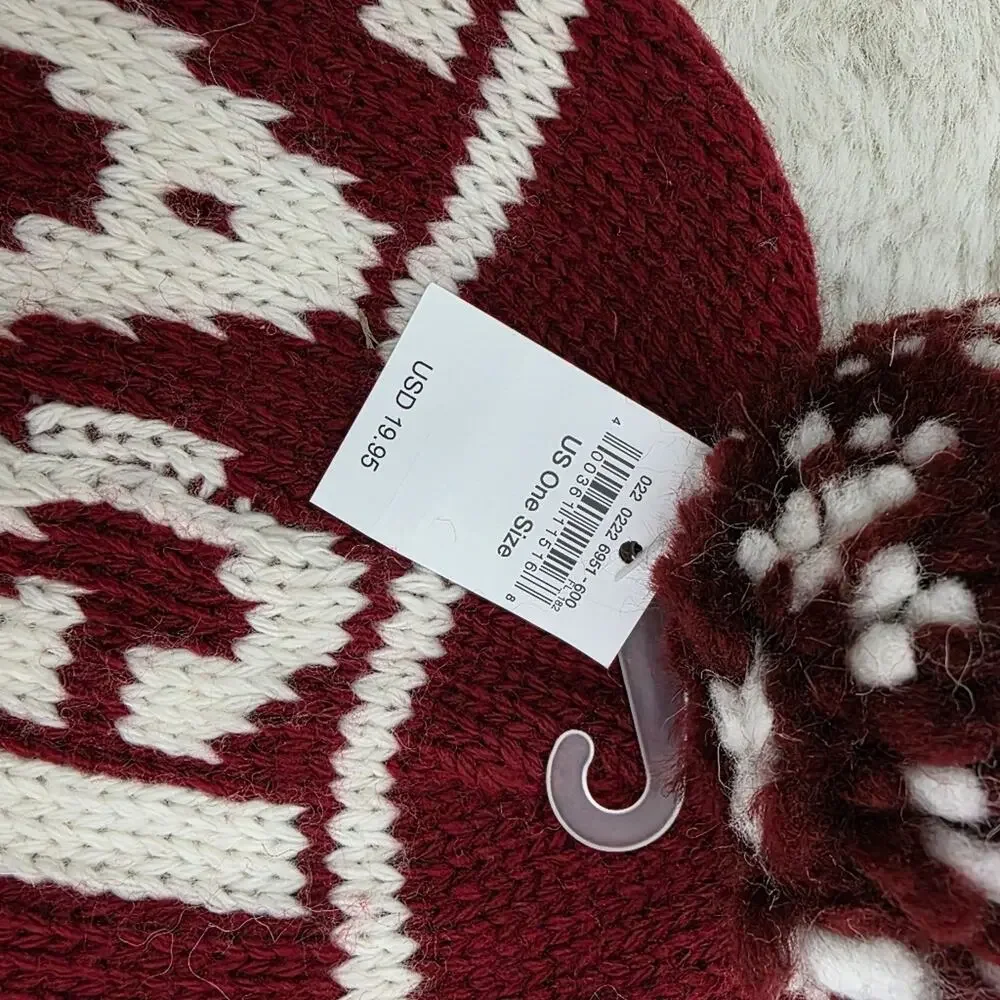 American Eagle Maroon White Pom Pom Beanie NWT Wool Blend Chunky Knit Winter Hat
